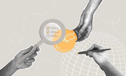Hands hold a magnifying glass, lightbulb, and pen over a rendering of the globe