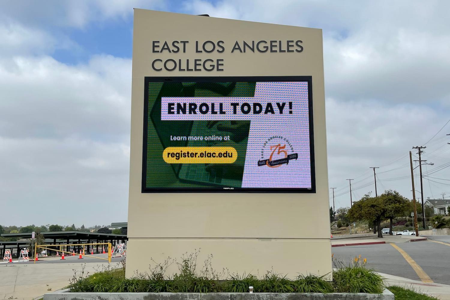 An online enrollment message on the marquee sign at East Los Angeles College, Monday, April 12, 2021, in Monterey Park, California.