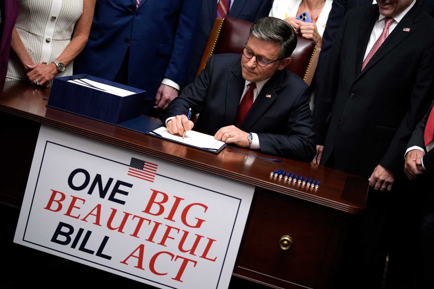House Speaker Mike Johnson with Republican leaders signs the Trump's One, Big, Beautiful Bill Act on Capitol Hill in Washington on July 3, 2025. Photo by Yuri Gripas/ABACAPRESS.COM