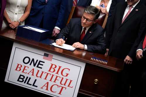 House Speaker Mike Johnson with Republican leaders signs the Trump's One, Big, Beautiful Bill Act on Capitol Hill in Washington on July 3, 2025. Photo by Yuri Gripas/ABACAPRESS.COM