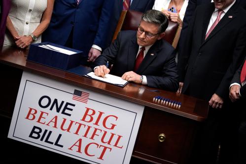House Speaker Mike Johnson with Republican leaders signs the Trump's One, Big, Beautiful Bill Act on Capitol Hill in Washington on July 3, 2025. Photo by Yuri Gripas/ABACAPRESS.COM