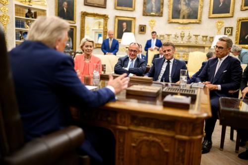 President Donald Trump meets with U.K. Prime Minister Keir Starmer, Italian Prime Minister Giorgia Meloni, European Commission President Ursula von der Leyen, German Chancellor Friedrich Merz, French President Emmanuel Macron, Finnish President Alexander Stubb, Ukrainian President Volodymyr Zelenskyy, and NATO Secretary General Mark Rutte after his call with Russian President Vladimir Putin, Monday, August 18, 2025, in the Oval Office. (Daniel Torok/White House/ZUMA Press Wire via Reuters Connect)