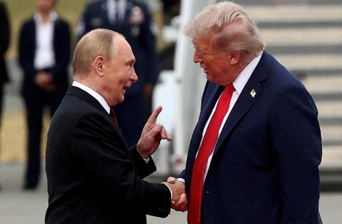 U.S. President Donald Trump shakes hand with Russian President Vladimir Putin, as they meet to negotiate for an end to the war in Ukraine, at Joint Base Elmendorf-Richardson in Anchorage, Alaska, U.S., August 15, 2025.