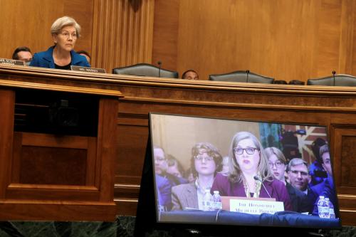U.S. Senator Elizabeth Warren (D-Mass.) listens as Federal Reserve Board Governor Michelle Bowman, President Donald Trump's nominee to be Federal Reserve vice chair for supervision, testifies during a Senate Banking, Housing, and Urban Affairs Committee confirmation hearing on Capitol Hill in Washington, D.C., U.S., on April 10, 2025.