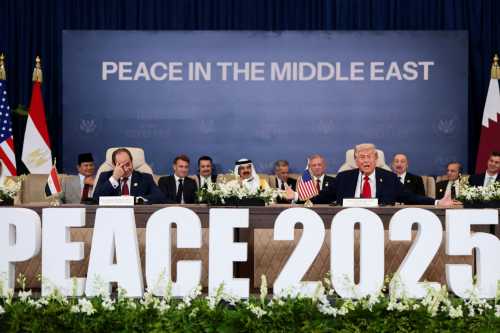 U.S. President Donald Trump speaks next to Egyptian President Abdel Fattah el-Sisi as they atttend the official signing of the first phase of the Gaza ceasefire agreement between Israel and Hamas, in Sharm El-Sheikh, Egypt, October 13, 2025.