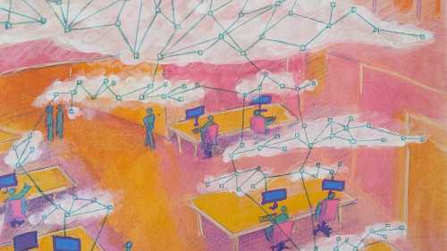 A pink and yellow abstract image of an office with people working, chatting and walking around. Above their heads are clouds of network connections. It was painted with guache and drawn with pencils.