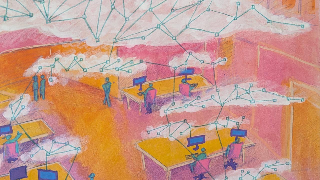 A pink and yellow abstract image of an office with people working, chatting and walking around. Above their heads are clouds of network connections. It was painted with guache and drawn with pencils.