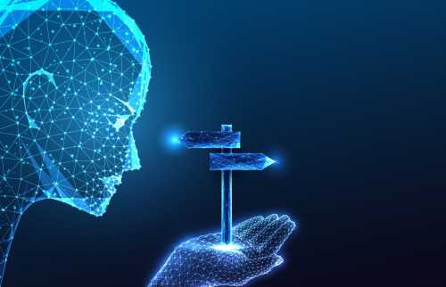 Digital figure holding road sign that points in opposite directions