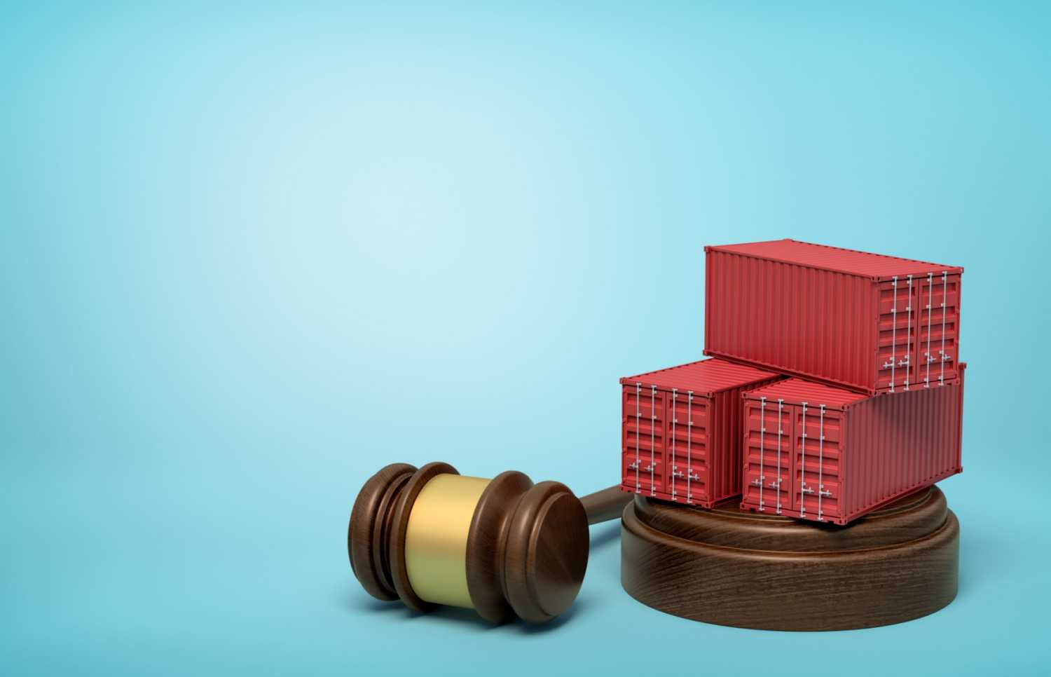 Illustration of a gavel sitting next to small shipping containers.