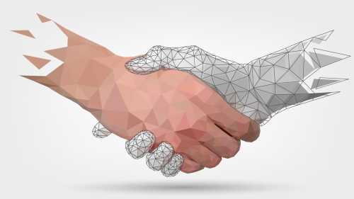 Illustration of a handshake between a human and AI
