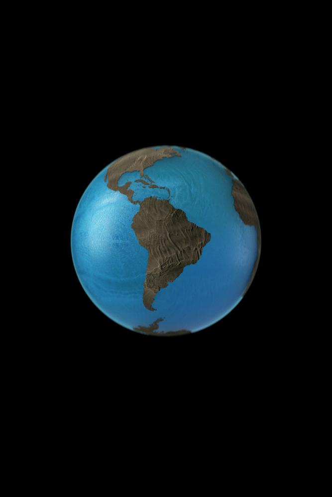 A detailed, textured rendering of Earth with North and South America prominently visible against a black background.