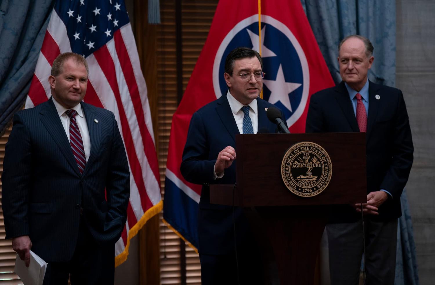 Tennessee Attorney General Jonathan Skrmetti, joined on stage by House Majority Leader William Lamberth, R-Portland, and Senate Majority Leader Jack Johnson, R-Franklin, addresses the media during a press conference on the U.S. Supreme Court’s 6-3 decision upholding Tennessee's ban on gender transition treatments for transgender minors at the Tennessee State Capitol in Nashville, Wednesday, June 18, 2025.