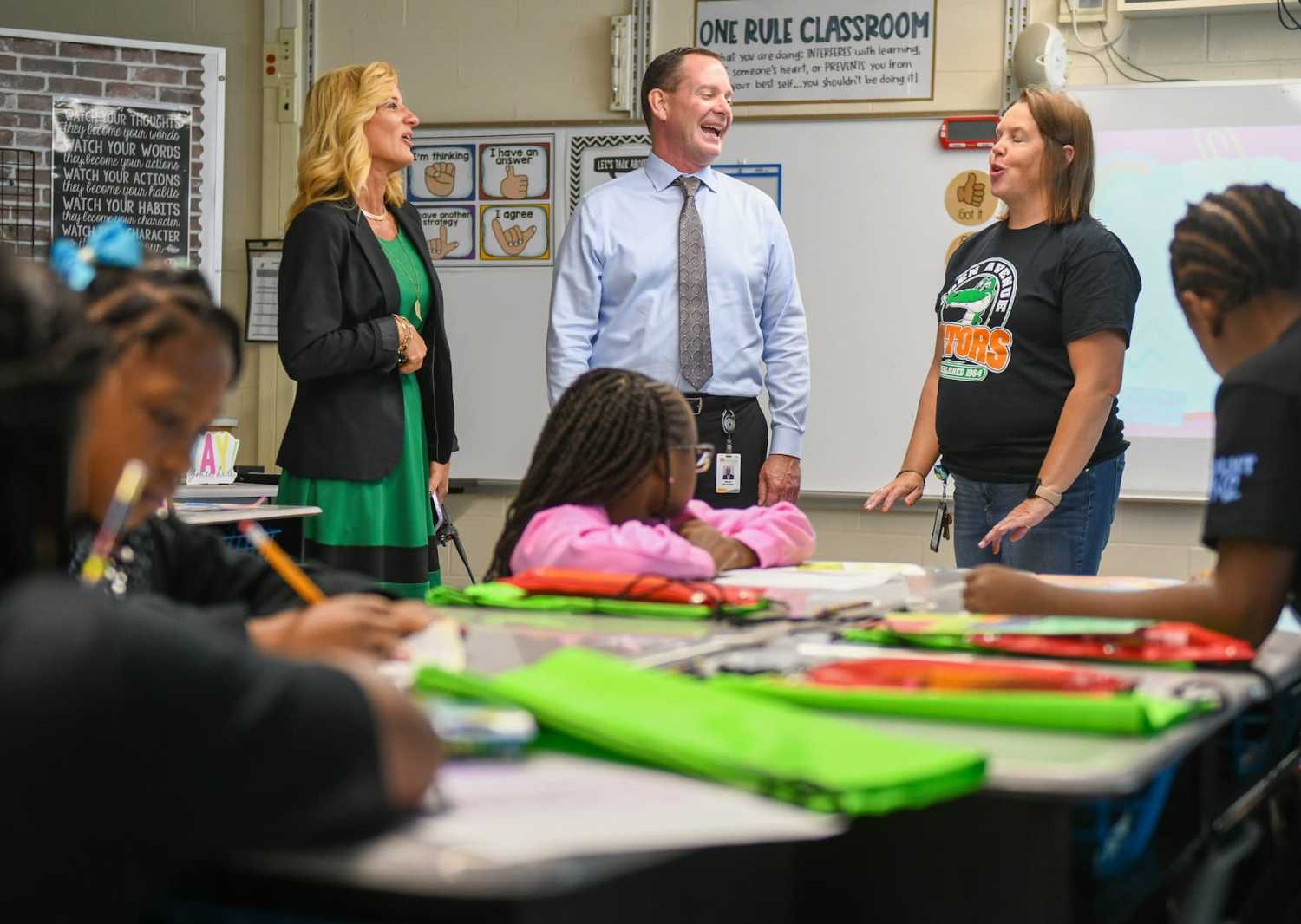 Wicomico County Superintendent Micah Stauffer and Glen Avenue Elementary Principal Tara Parsons visit Danielle Eichhorn’s 4th grade class on the first day of school, Tuesday, Sept. 2, 2025, in Salisbury, Maryland. Stauffer toured 10 schools to kick off the new academic year.