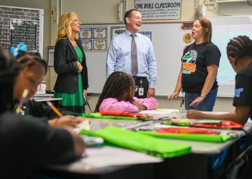 Wicomico County Superintendent Micah Stauffer and Glen Avenue Elementary Principal Tara Parsons visit Danielle Eichhorn’s 4th grade class on the first day of school, Tuesday, Sept. 2, 2025, in Salisbury, Maryland. Stauffer toured 10 schools to kick off the new academic year.