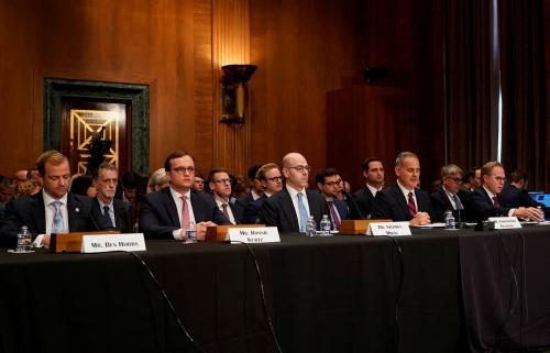 Jonathan Burke, Christopher Pilkerton, Stephen Miran, Ronnie Kurtz and Ben Hobbs—nominees for senior Treasury, Federal Reserve, and HUD posts under President Donald Trump—attend a Senate Banking Committee nomination hearing on Capitol Hill in Washington, D.C., U.S., on Sept. 4, 2025.