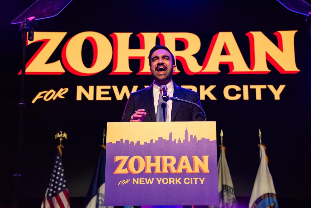 Zohran Mamdani, New York City mayoral candidate, during an election night event at The Brooklyn Paramount Theater in the Brooklyn borough of New York, US, on Tuesday, Nov. 4, 2025. Mamdani won a historic victory to become the city's 111th mayor defeating independent mayoral candidate Andrew Cuomo and Republican mayoral candidate Curtis Sliwa. (Photo by Neil Constantine/NurPhoto)NO USE FRAN