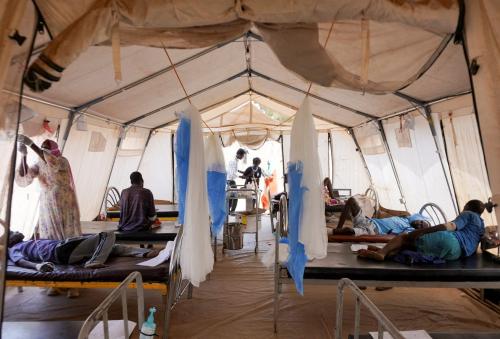 Injured displaced Sudanese people who fled violence in el-Fasher receive treatment at a makeshift clinic run by Medecins Sans Frontieres, amid ongoing clashes between the paramilitary Rapid Support Forces and the Sudanese army, in Tawila, North Darfur, Sudan November 3, 2025.