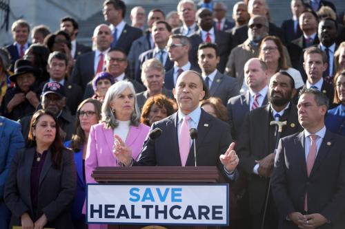 Democratic House Leader Hakeem Jeffries stands with other Democratic leaders on the steps of the U.S. Capitol as members return after a 54-day break, before House lawmakers take up legislation that would end the longest government shutdown in American history and vote on the Senate-passed spending deal.