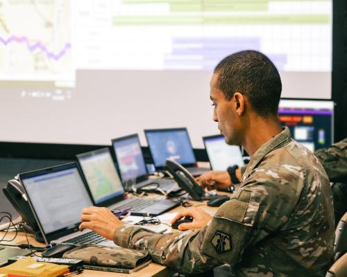 U.S. Army Reserve Sgt. 1st Class Jonathan Rivera operates a command and control information system during Avenger Triad 25 in Valencia, Spain, Oct. 27, 2025.