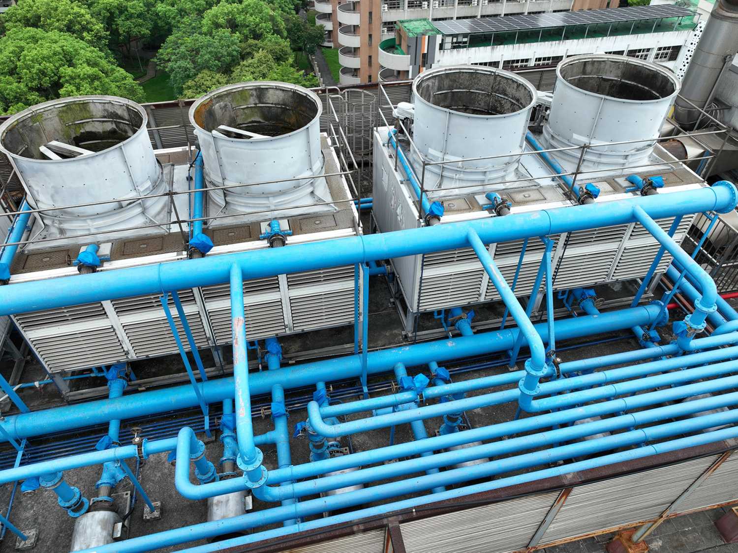 Cooling towers for an AI high-performance computing (HPC) data center.