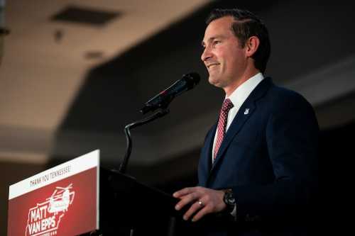 Republican nominee Matt Van Epps announces his victory in the Tennessee 7th Congressional District special election during his election night event at the Millenium Maxwell House Hotel in Nashville, Tenn., Tuesday, Dec. 2, 2025.
