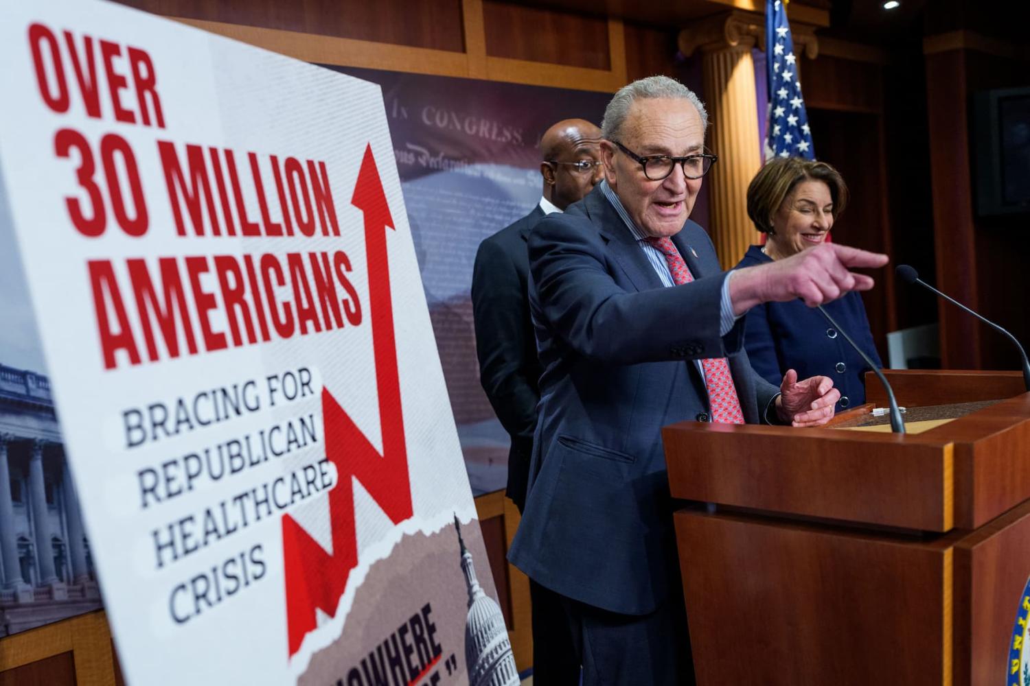 United States Senate Minority Leader Chuck Schumer (D-N.Y.) during a press conference with Senate Democrats in the Capitol Building in Washington, D.C., on Thursday, Dec. 11, 2025. Senate Republicans blocked a bill that would have extended Obamacare insurance subsidies, which without intervention will expire at the end of the year.