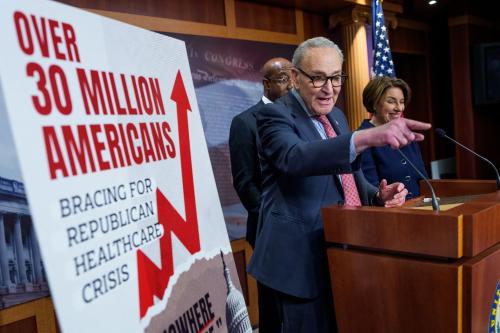 United States Senate Minority Leader Chuck Schumer (D-N.Y.) during a press conference with Senate Democrats in the Capitol Building in Washington, D.C., on Thursday, Dec. 11, 2025. Senate Republicans blocked a bill that would have extended Obamacare insurance subsidies, which without intervention will expire at the end of the year.