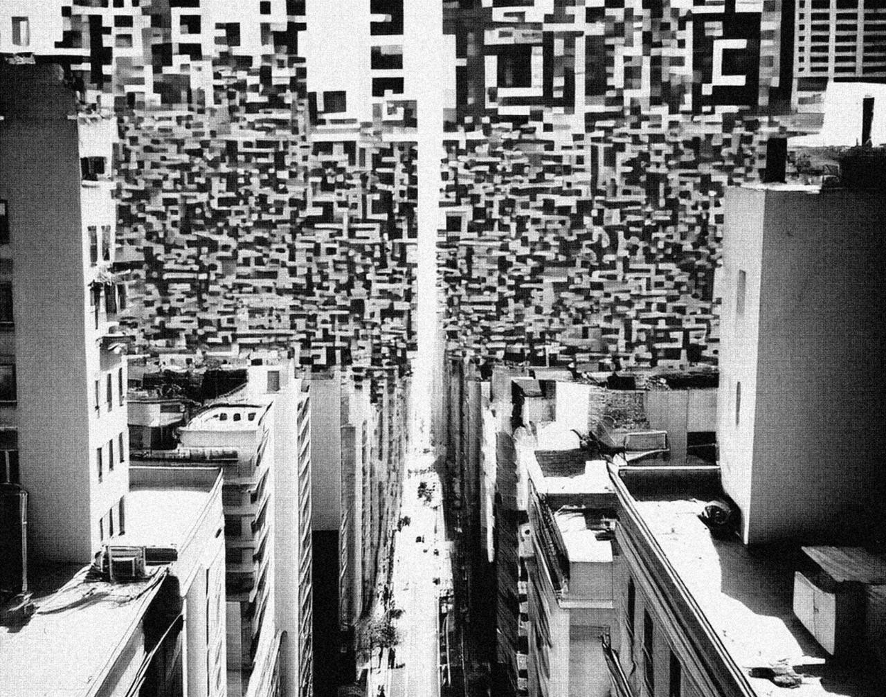 The black and white image shows a high shot of the tops of a city scene. At eye level are the tops of the tall buildings on either side of the street, in the middle of the image, it tunnels down to the road below. The street is fairly empty, but cascading down from the sky are pixels which look like a QR code pattern – almost like these represent the clouds.