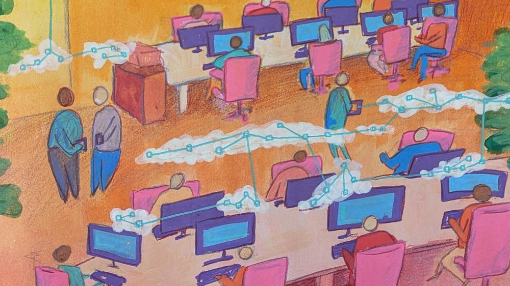 A brightly colored office populated with all kinds of people working at connected desks. There are computer screens and networks in the air in clouds. The image shows the connectivity of a digitally transformed workplace. It was drawn and painted using guache and pencil.