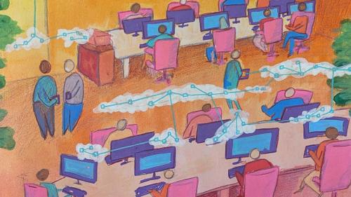 A brightly colored office populated with all kinds of people working at connected desks. There are computer screens and networks in the air in clouds. The image shows the connectivity of a digitally transformed workplace. It was drawn and painted using guache and pencil.