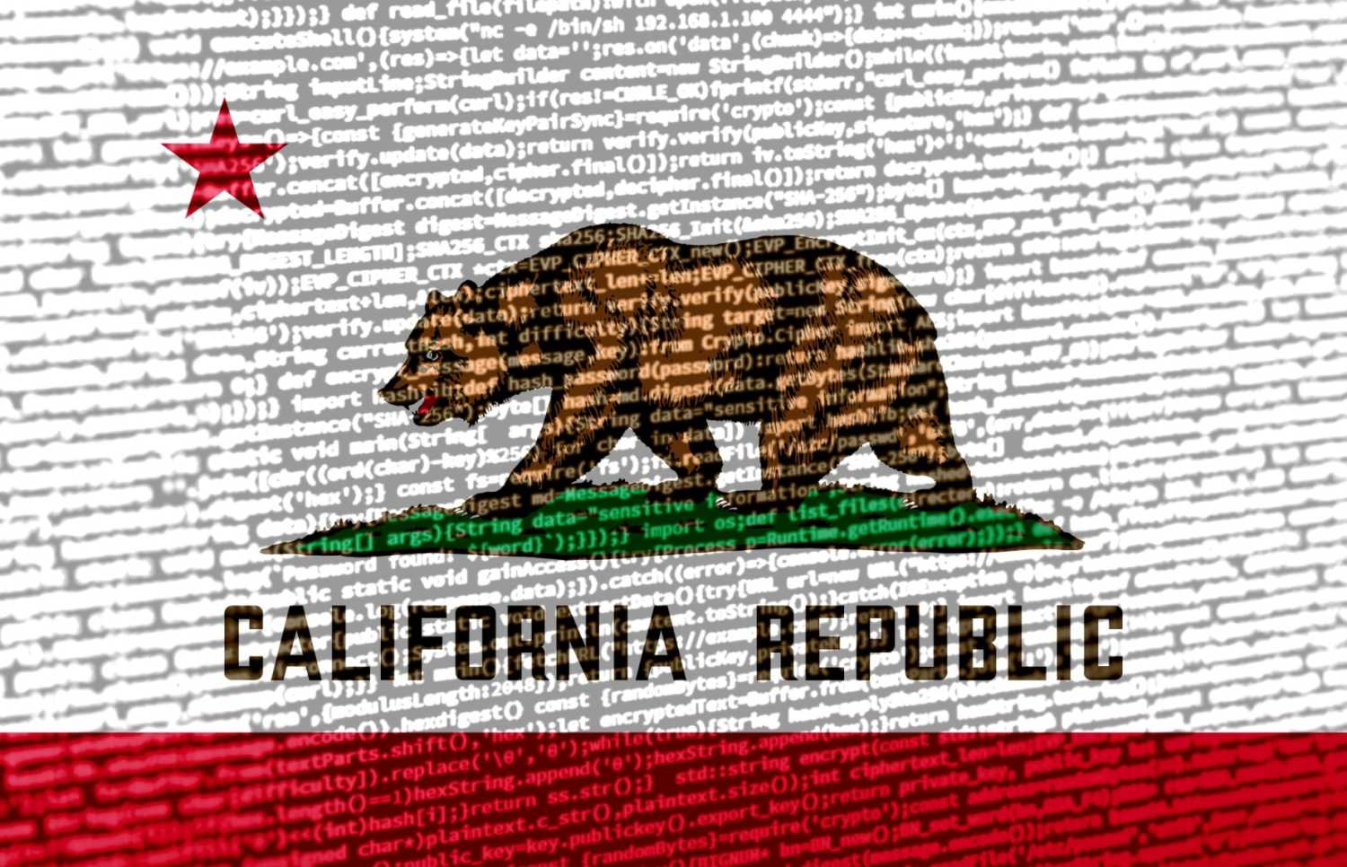 California flag overlayed with digital computer code