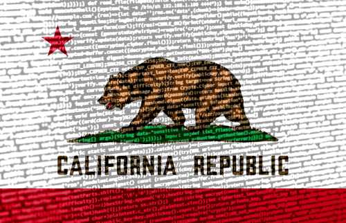 California flag overlayed with digital computer code