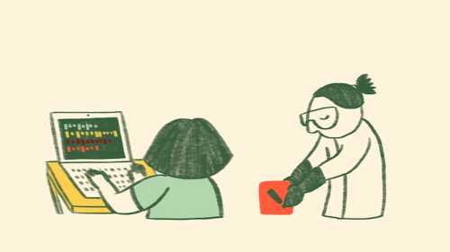 Two people are illustrated in a warm, cartoon style, one on the left and one on the right. The person on the left, who has their back to the viewer, and is typing on a laptop which is sitting on a table. They are white, their hair is shoulder length and dark, and they are wearing a green t-shirt. The computer screen is dark with rows of coloured squares representing programming. The person on the right looks similar but their hair is now tied back in a pony tail, and they are wearing a white lab coat and safety goggles. They are reaching down to lift up an orange hazard label which is about the size of a book. The label is an orange square with a black exclamation mark in the middle. The person looks like they are being careful as they lift it.