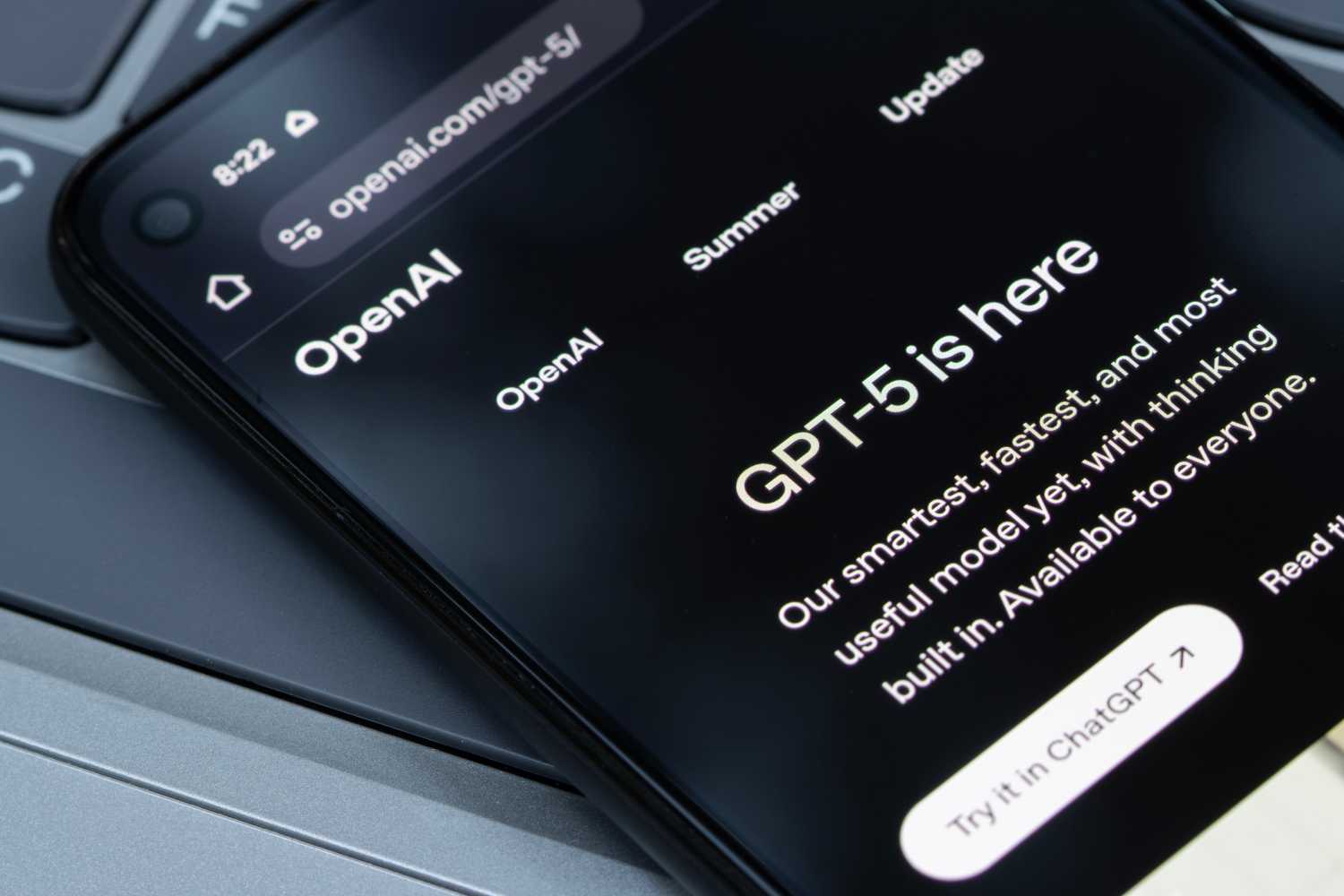 Introduction to GPT-5 is seen on OpenAI's website on the screen of a smartphone