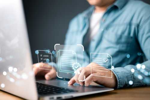 Virtual overlay of certificates as a man works at a computer