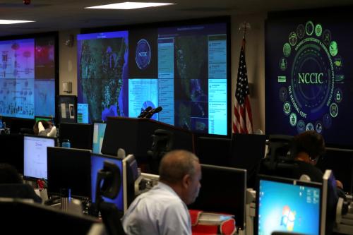 U.S. Department of Homeland Security elections security workers monitor screens in the DHS National Cybersecurity and Communications Integration Center (NCCIC) in Arlington, Virginia, U.S. November 6, 2018.
