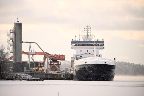 Seized vessel Fitburg rests in harbour in Kirkkonummi, Finland