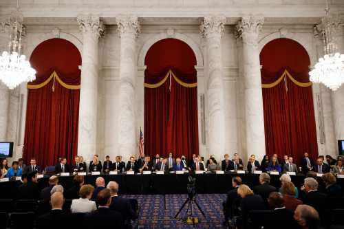 The closed-door "AI Insight Forum" is hosted by Senate Majority Leader Charles Schumer (D-N.Y.) inside the Kennedy Caucus Room in the Russell Senate Office Building on Capitol Hill on Sept. 13, 2023, in Washington, D.C. Lawmakers are seeking input from business leaders in the artificial intelligence sector, and some of their most ardent opponents, for writing legislation governing the rapidly evolving technology.