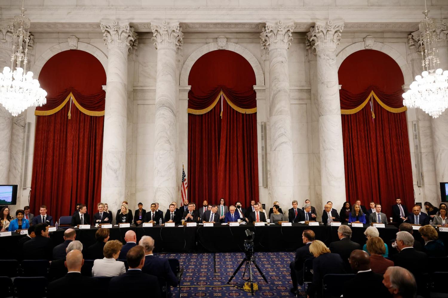 The closed-door "AI Insight Forum" is hosted by Senate Majority Leader Charles Schumer (D-N.Y.) inside the Kennedy Caucus Room in the Russell Senate Office Building on Capitol Hill on Sept. 13, 2023, in Washington, D.C. Lawmakers are seeking input from business leaders in the artificial intelligence sector, and some of their most ardent opponents, for writing legislation governing the rapidly evolving technology.