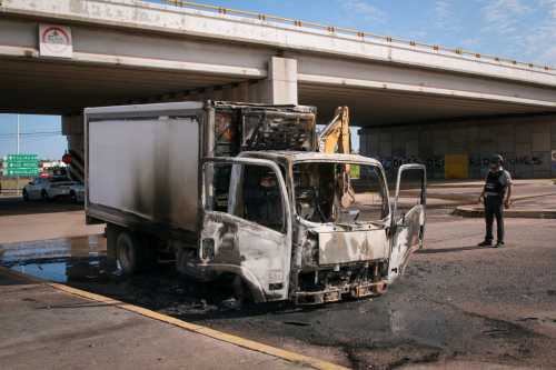 A burned truck is seen on the streets of Culiacán, Sinaloa State, Mexico, on September 11, 2024. Elements of Mexico's National Guard were deployed in the state of Sinaloa, in the northwest of the country, amid an escalation of violence that authorities attribute to internal struggles within the Sinaloa cartel following the capture of its leader, Ismael "Mayo" Zambada.