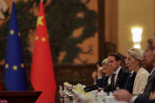 President of the European Commission Ursula von der Leyen (R) speaks with Chinese President Xi Jinping during the opening remarks of the 25th European Union - China Summit at the Great Hall of the People in Beijing on July 24, 2025.