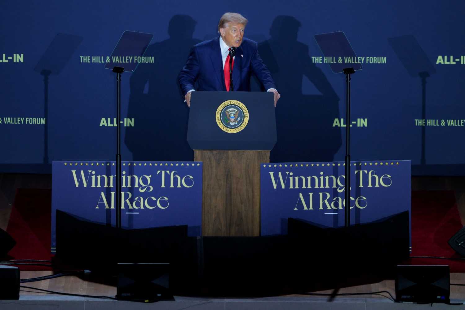 U.S. President Donald Trump speaks during the "Winning the AI Race" summit hosted by All‑In Podcast and Hill & Valley Forum at the Andrew W. Mellon Auditorium on July 23, 2025 in Washington, DC.