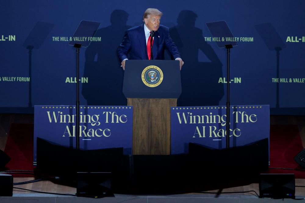 U.S. President Donald Trump speaks during the "Winning the AI Race" summit hosted by All‑In Podcast and Hill & Valley Forum at the Andrew W. Mellon Auditorium on July 23, 2025 in Washington, DC.