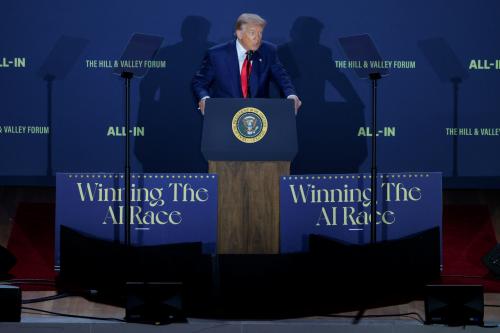 U.S. President Donald Trump speaks during the "Winning the AI Race" summit hosted by All‑In Podcast and Hill & Valley Forum at the Andrew W. Mellon Auditorium on July 23, 2025 in Washington, DC.