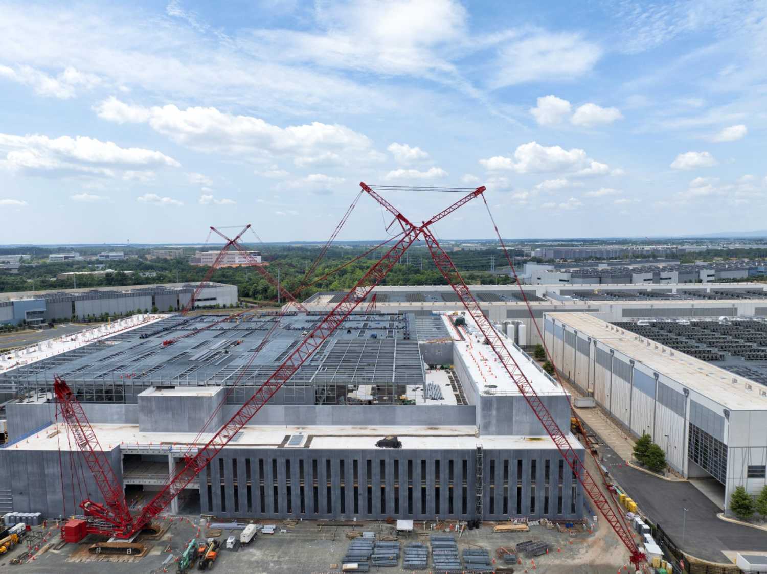 An aerial view of a data center being constructed inside "Data Center Alley" in Ashburn, Virginia. Northern Virginia is the largest data center market in the world. July 04, 2024.
