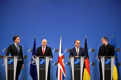 (From L) NATO Secretary General Mark Rutte, Britain's Defence Secretary John Healey , Germany's Defence Minister Boris Pistorius and Ukraine's Defence Minister Mykhailo Fedorov addresses the media during a press conference on the sidelines of a defence ministers meeting of The North Atlantic Treaty Organisation (NATO) at NATO Headquarters in Brussels, on February 12, 2026.