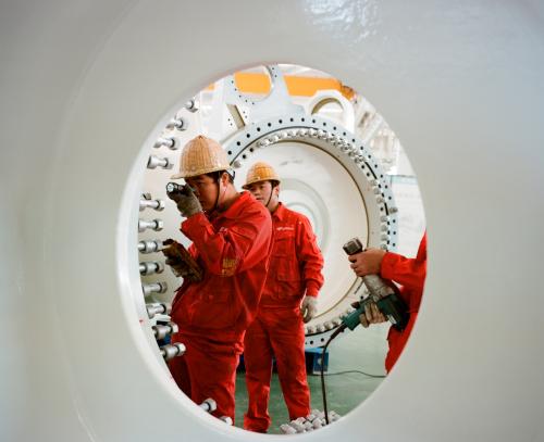 Technicians in wind turbine factory