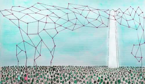 A watercolor illustration of a neural network coming out of the top of an ivory tower, above a crowd of people's heads. Some of them are reaching up to try and take some control and pull the net down to them.