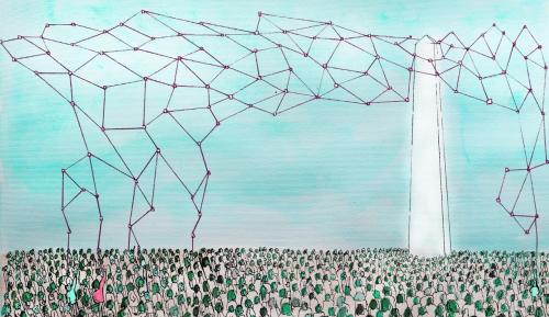 A watercolor illustration of a neural network coming out of the top of an ivory tower, above a crowd of people's heads. Some of them are reaching up to try and take some control and pull the net down to them.