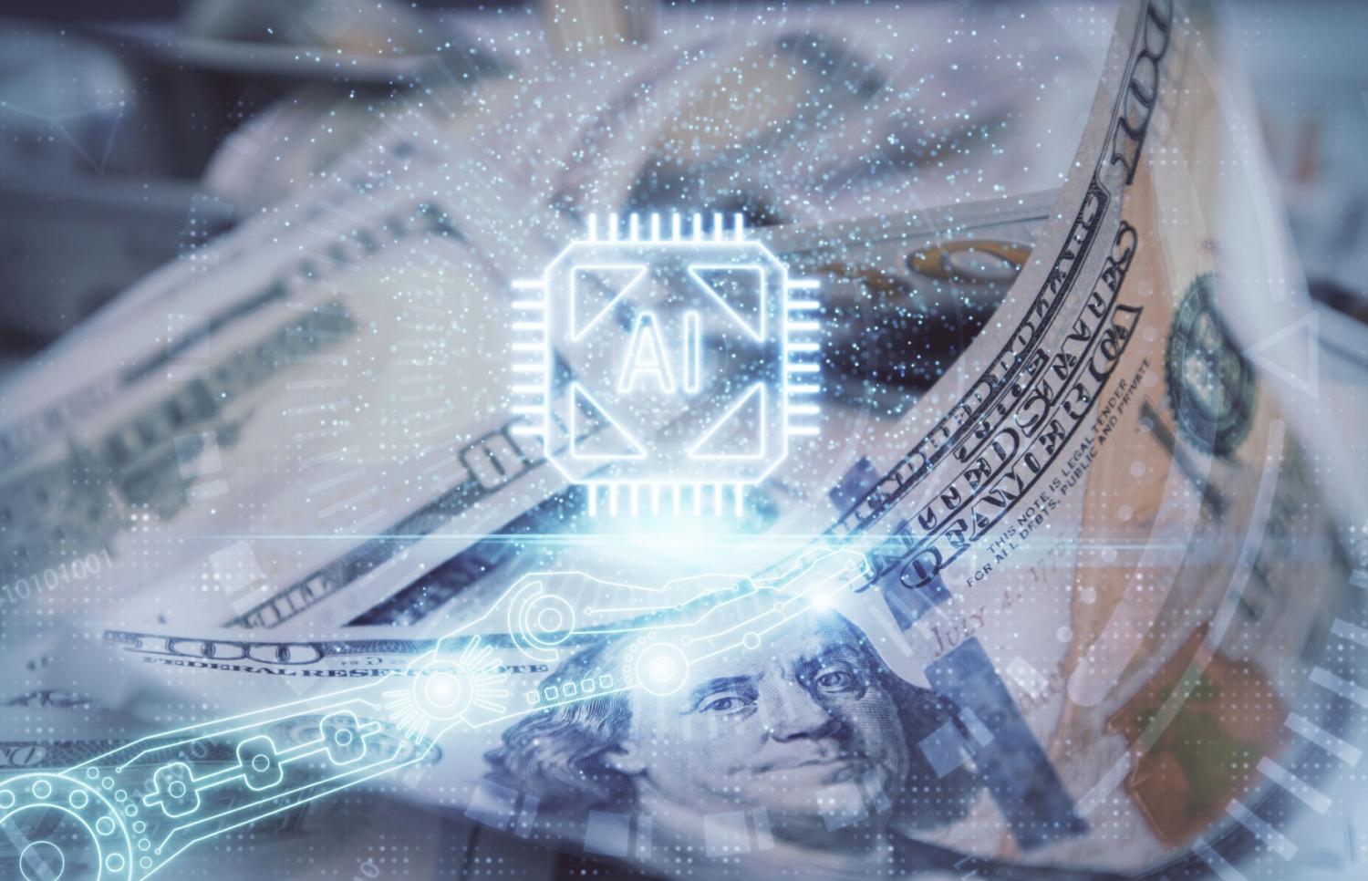 Money overlaid with digital text, "AI"